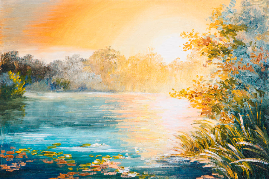 Sunset On The Lake Painting Glass Framed Wall Art, Ready to Hang Quality Print