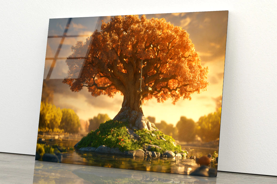 A Tree with Orange Leaves with Cloudy Sky Acrylic Glass Print Tempered Glass Wall Art 100% Made in Australia Ready to Hang - Bella Home Decor