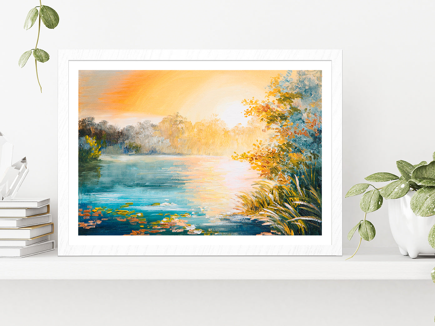 Sunset On The Lake Painting Glass Framed Wall Art, Ready to Hang Quality Print With White Border White