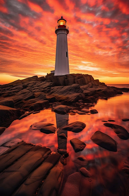 Vibrant Sunset Lighthouse Ocean Coast Sea 40x60cm Metal Print Ready to Hang
