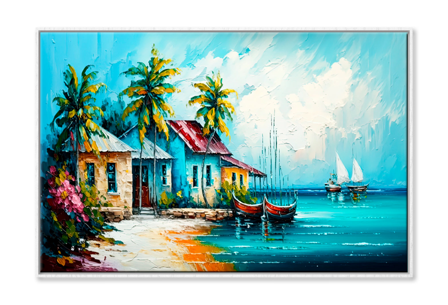 Tropical Seascape Village Oil Painting Wall Art Limited Edition High Quality Print Canvas Box Framed White