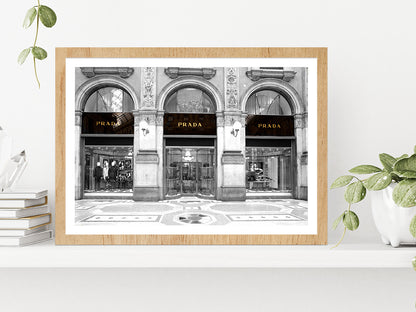 B&W Fashion Store in Vittorio Emanuele Glass Framed Wall Art, Ready to Hang Quality Print With White Border Oak