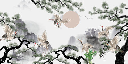 Japanese Pine Tree Flying Cranes Scene Painting Wall Art Canvas Office Home Framed 120x60cm