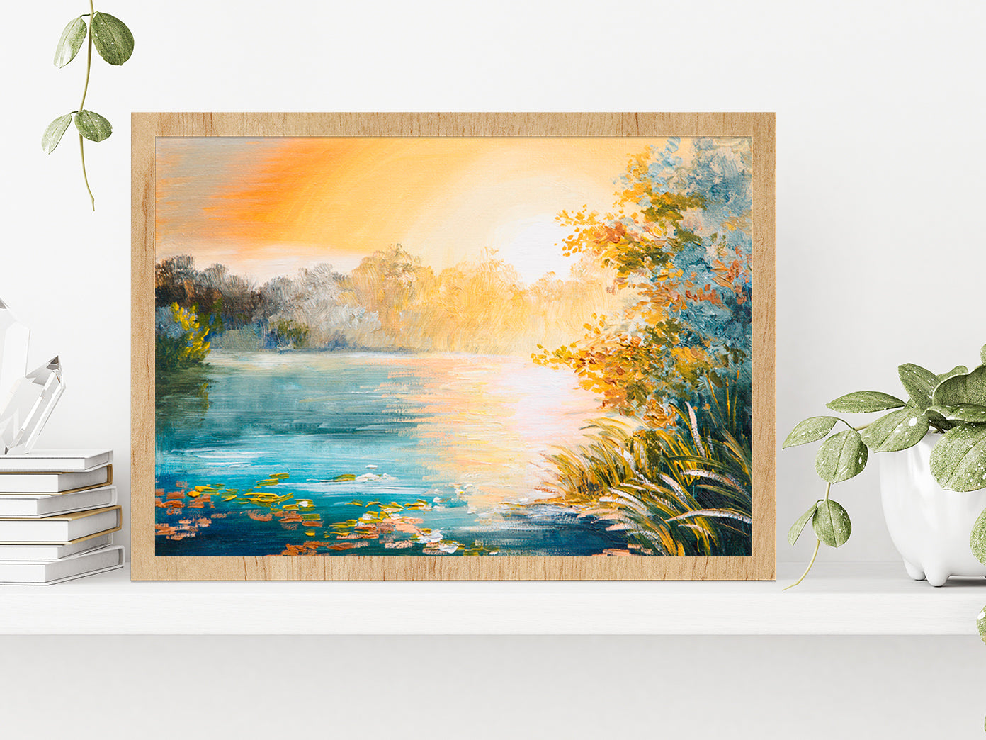 Sunset On The Lake Painting Glass Framed Wall Art, Ready to Hang Quality Print Without White Border Oak