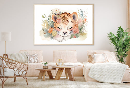 Happy Tiger Cub with Flowers Watercolor Style Home Decor Premium Quality Poster Print Choose Your Sizes