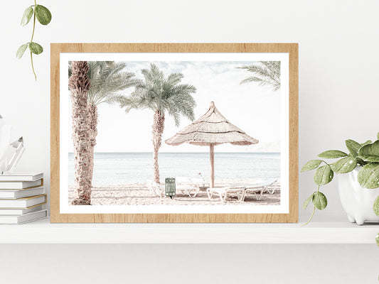 Beach Hut & Chair in Seashore Faded Photograph Glass Framed Wall Art, Ready to Hang Quality Print With White Border Oak