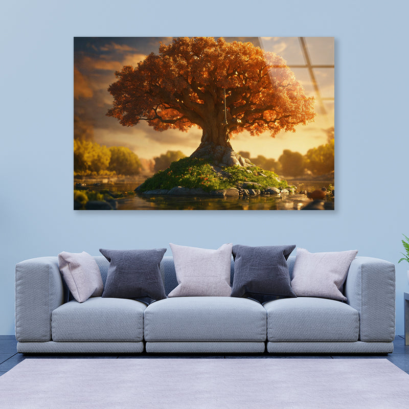 A Tree with Orange Leaves with Cloudy Sky Acrylic Glass Print Tempered Glass Wall Art 100% Made in Australia Ready to Hang - Bella Home Decor