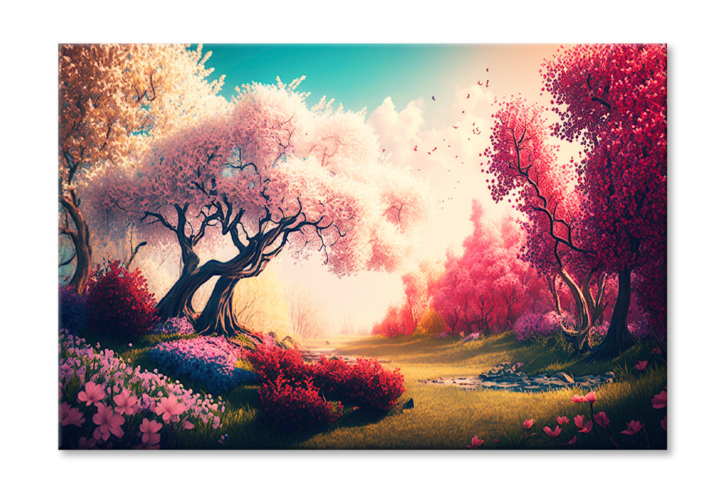 Colorful Blooming Trees Landscape Painting Wall Art Limited Edition High Quality Print Stretched Canvas None