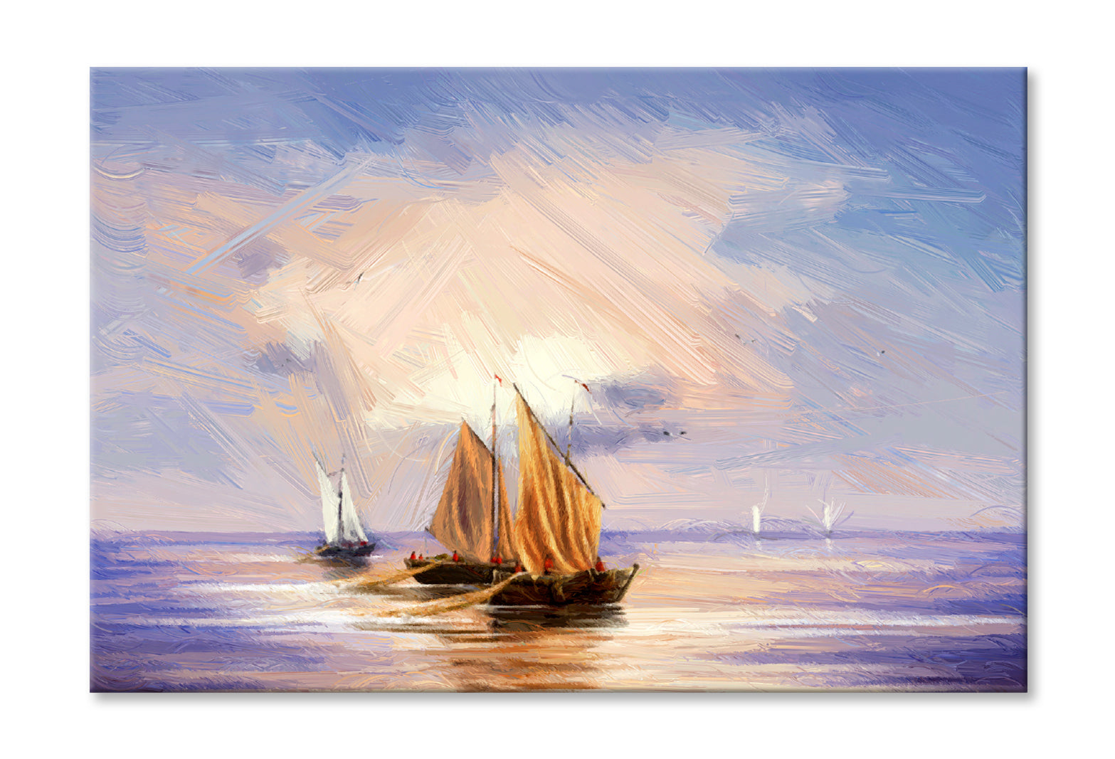 Fishing Boats & Cloudy Sky Sea Oil Painting Wall Art Limited Edition High Quality Print Stretched Canvas None