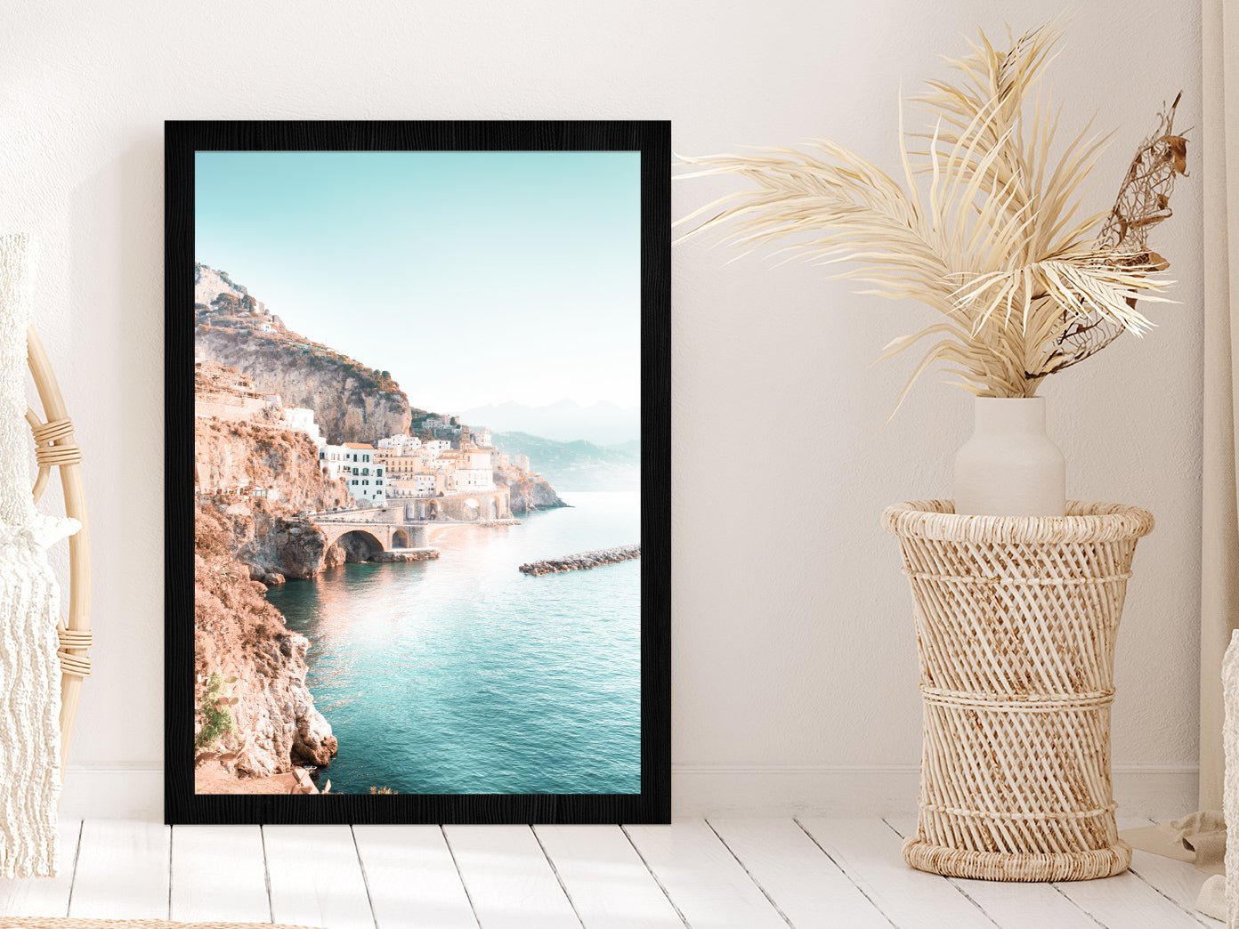 Italy Old City near Sea Blue Sky Photograph Glass Framed Wall Art, Ready to Hang Quality Print Without White Border Black