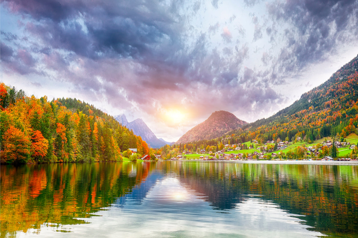 Colorful Autumn Forest Reflecting Across Grundlsee Lake In Austria Wall Art Decor 100% Australian Made