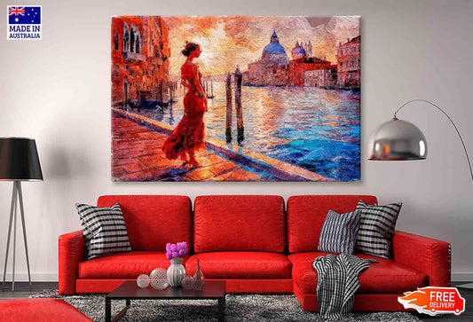 Painting Of Standing Girl in Venice Grand Canal Italy Wall Art Limited Edition High Quality Print