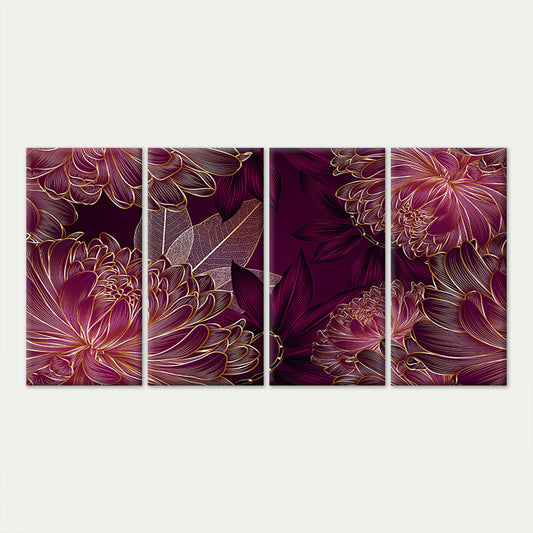 4pcs Purple Gold Chrysanthemum Floral Blossom Wall Art Canvas Framed 45x80cm - High Quality Print 100% Australian Made Wall Canvas Ready to Hang