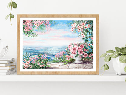 Blue Sea, Pink Flower Rose In Vase & Leaf View On Ocean Glass Framed Wall Art, Ready to Hang Quality Print With White Border Oak