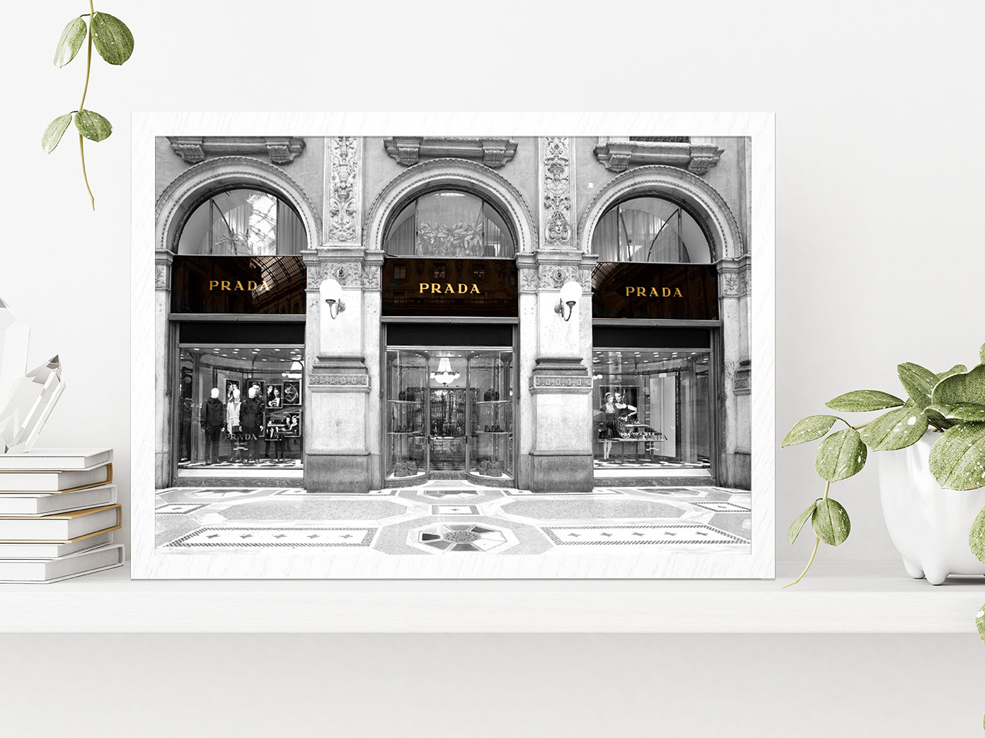 B&W Fashion Store in Vittorio Emanuele Glass Framed Wall Art, Ready to Hang Quality Print Without White Border White