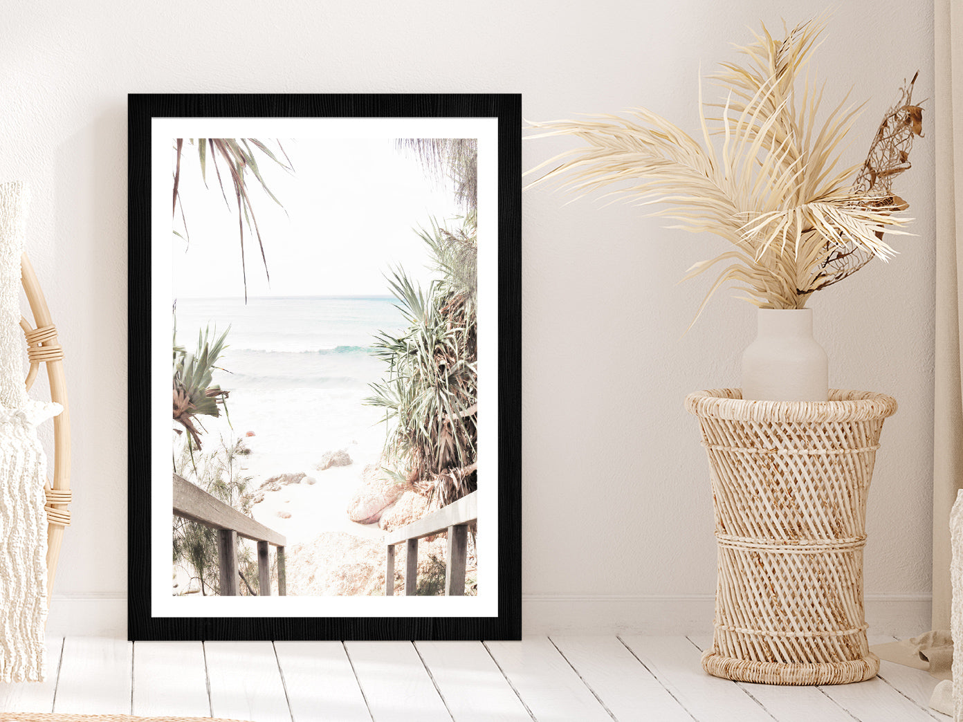 Wooden Pier & Trees near Beach Faded Photograph Glass Framed Wall Art, Ready to Hang Quality Print With White Border Black