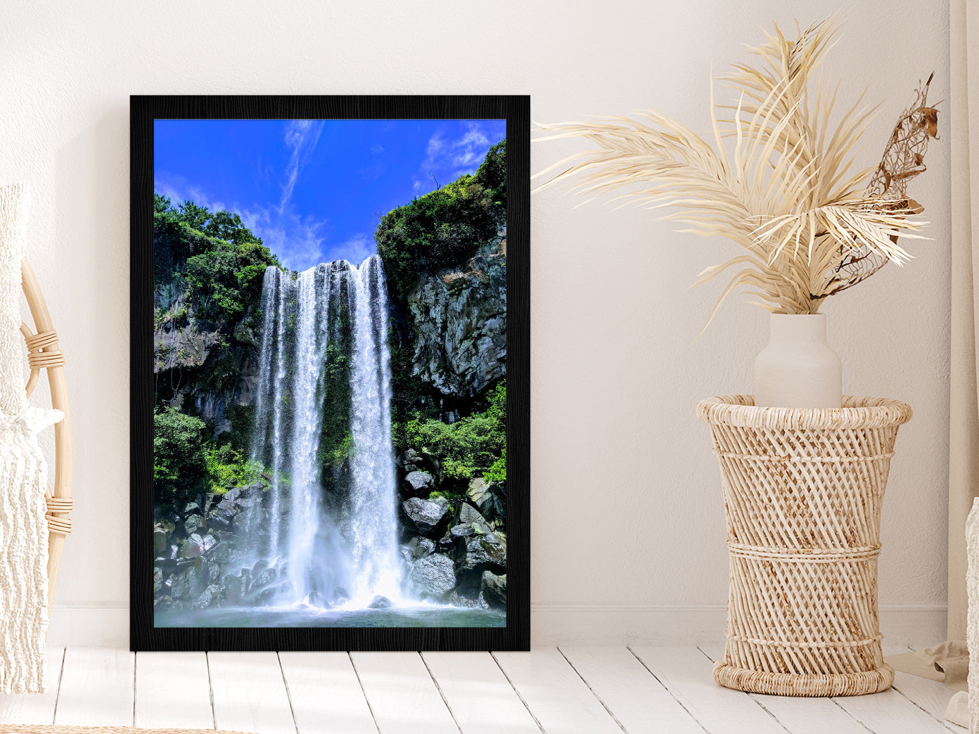 Rocky Mountain & Jeju Waterfall Glass Framed Wall Art, Ready to Hang Quality Print Without White Border Black