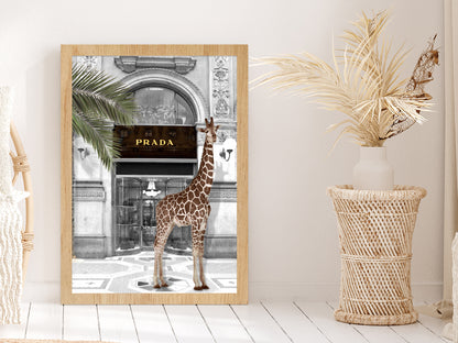 Girrafe near Fashion Store Digital Art Glass Framed Wall Art, Ready to Hang Quality Print Without White Border Oak