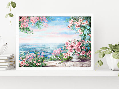 Blue Sea, Pink Flower Rose In Vase & Leaf View On Ocean Glass Framed Wall Art, Ready to Hang Quality Print Without White Border White