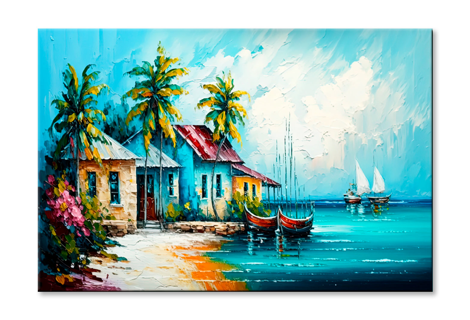 Tropical Seascape Village Oil Painting Wall Art Limited Edition High Quality Print Stretched Canvas None