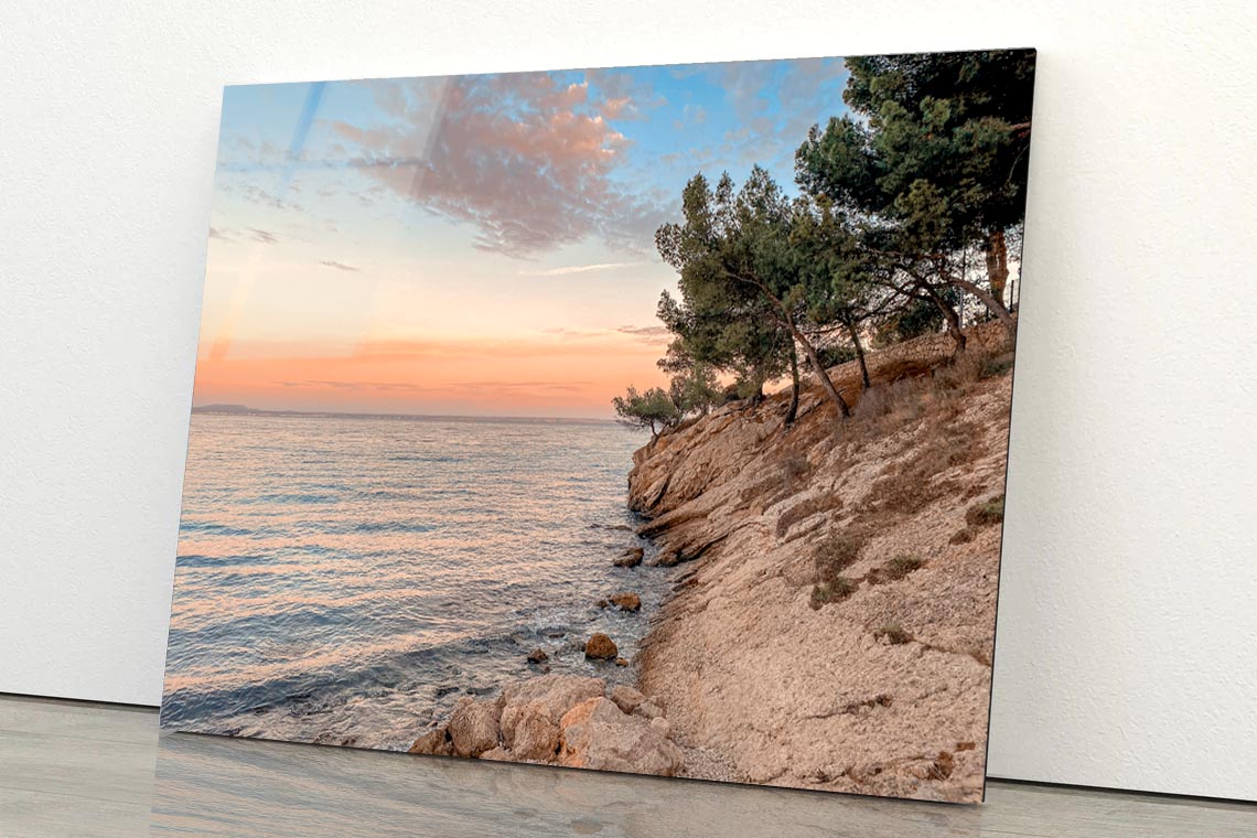 Sunset At the Sea on A Rocky Coast with Pine Trees Acrylic Glass Print Tempered Glass Wall Art 100% Made in Australia Ready to Hang