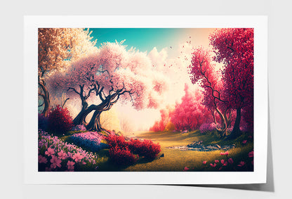 Colorful Blooming Trees Landscape Painting Wall Art Limited Edition High Quality Print Unframed Roll Canvas None