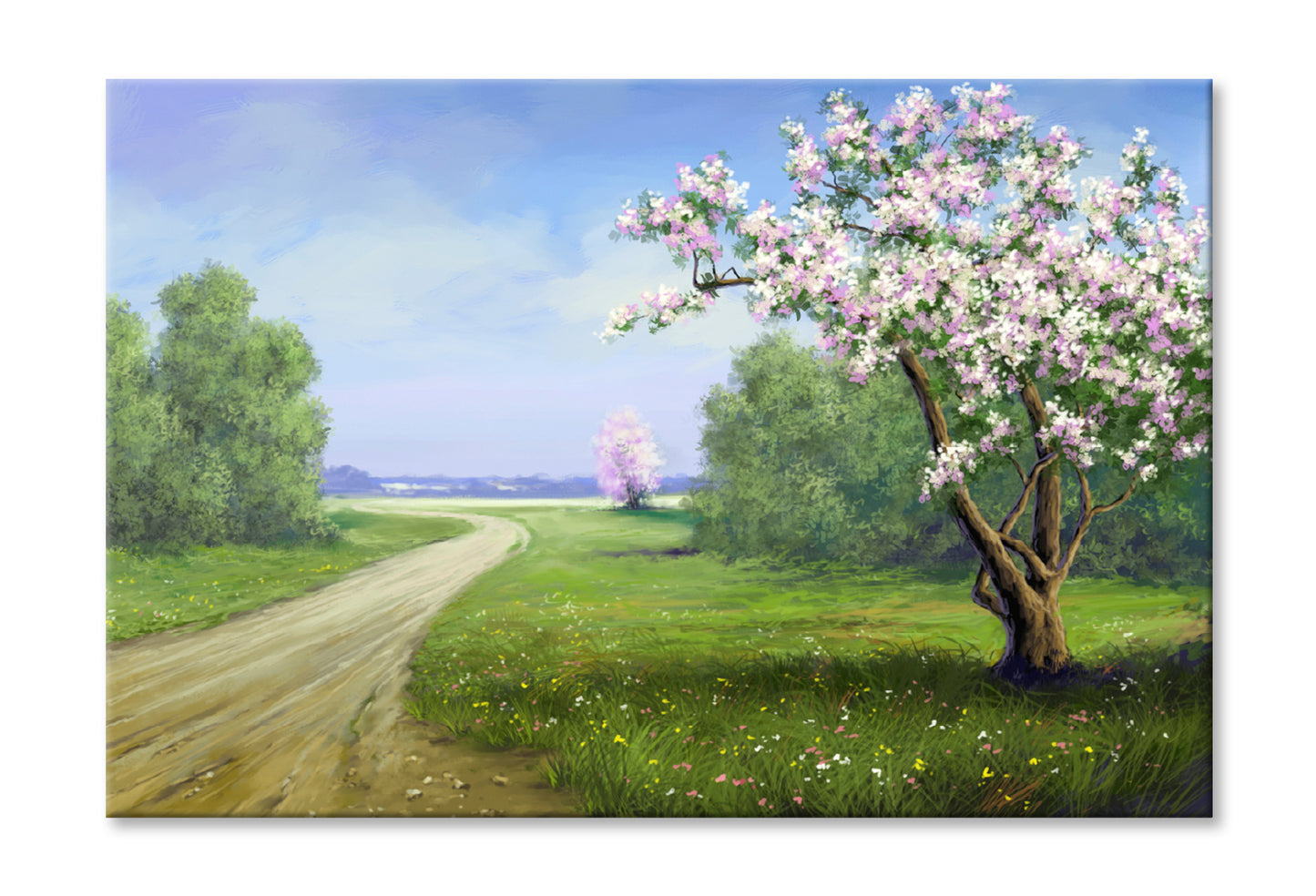 Pink Blossom Tree near Road Oil Painting Wall Art Limited Edition High Quality Print Stretched Canvas None