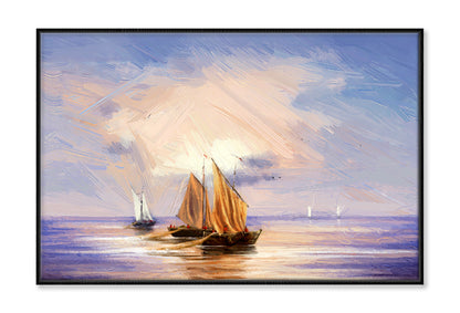 Fishing Boats & Cloudy Sky Sea Oil Painting Wall Art Limited Edition High Quality Print Canvas Box Framed Black