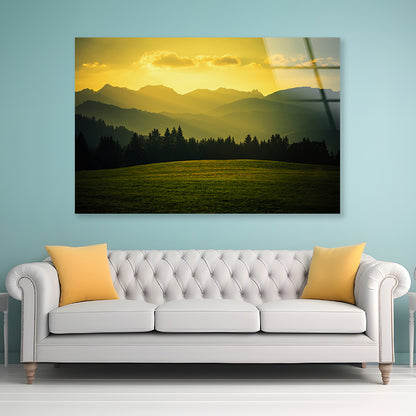 Green Grass Land with Yellow Sky Acrylic Glass Print Tempered Glass Wall Art 100% Made in Australia Ready to Hang - Bella Home Decor