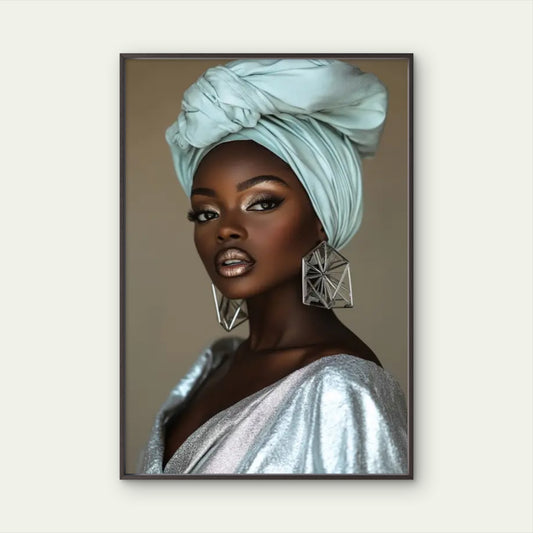 African Woman with Silvery Dress and Turban Painting Fashion Home Decor Premium Quality Poster Print Choose Your Sizes