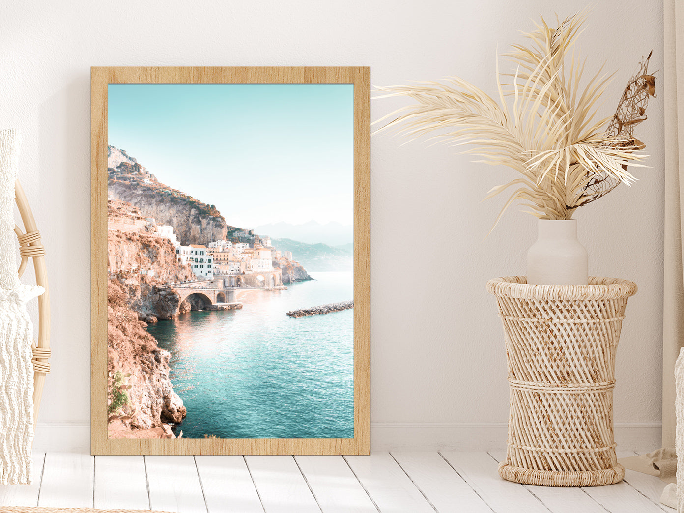 Italy Old City near Sea Blue Sky Photograph Glass Framed Wall Art, Ready to Hang Quality Print Without White Border Oak