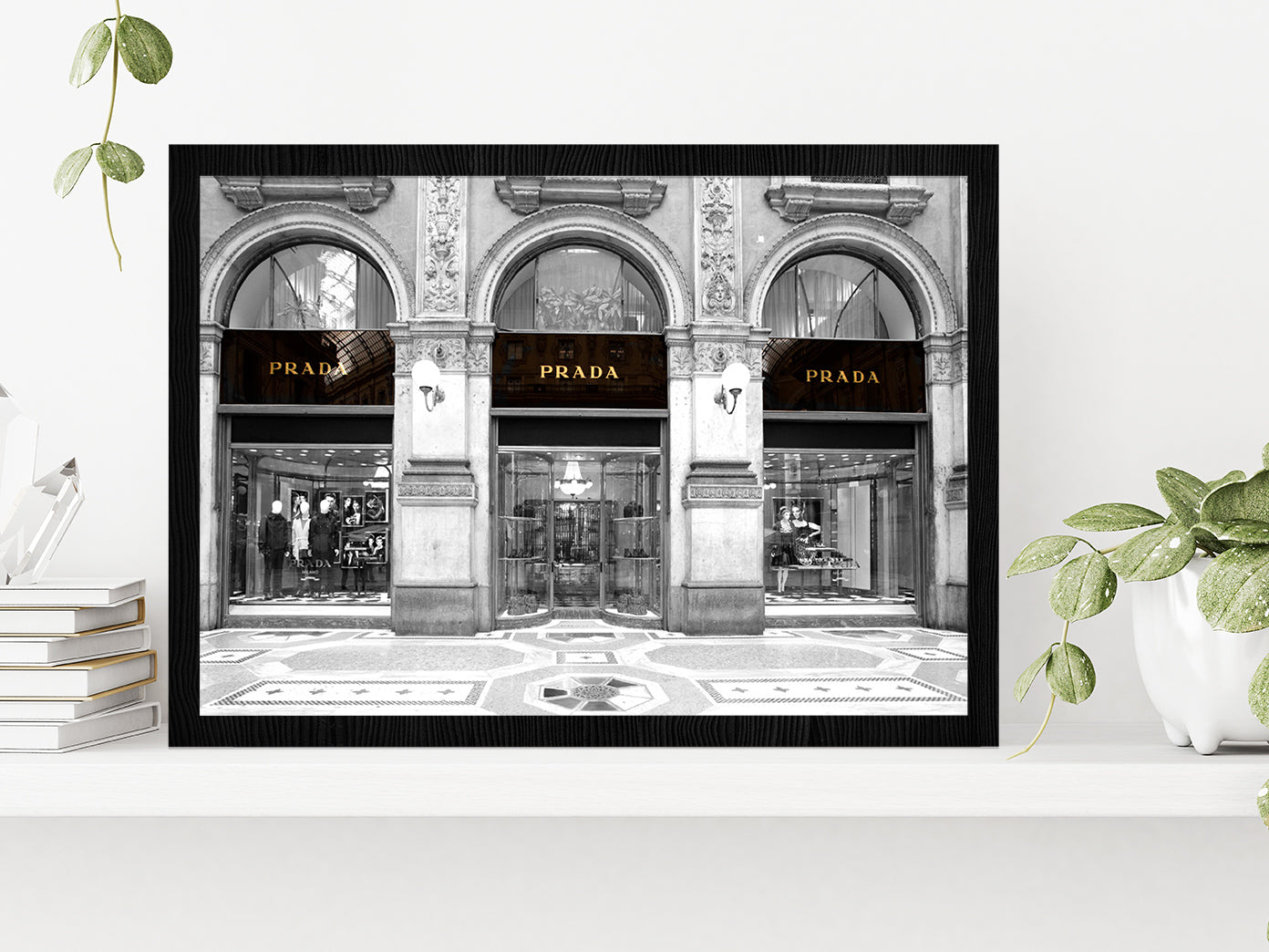 B&W Fashion Store in Vittorio Emanuele Glass Framed Wall Art, Ready to Hang Quality Print Without White Border Black