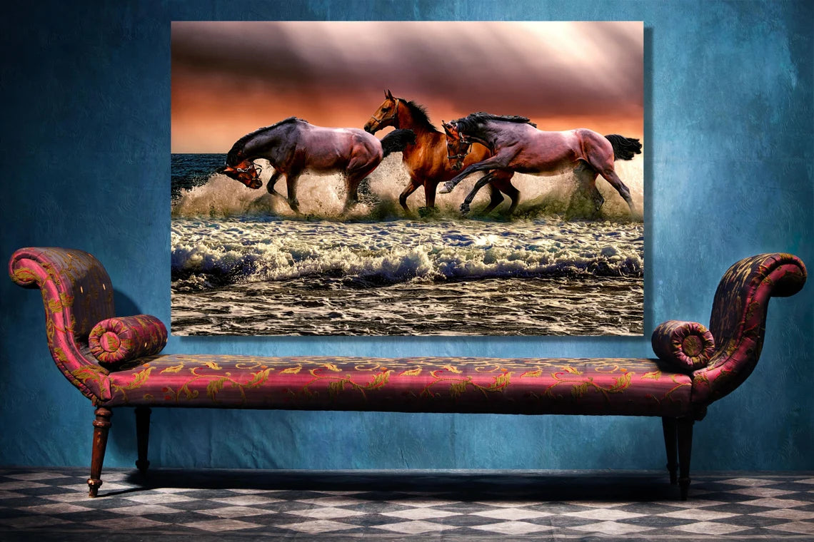 Horses In Ocean UV Direct Aluminum Print Australian Made Quality