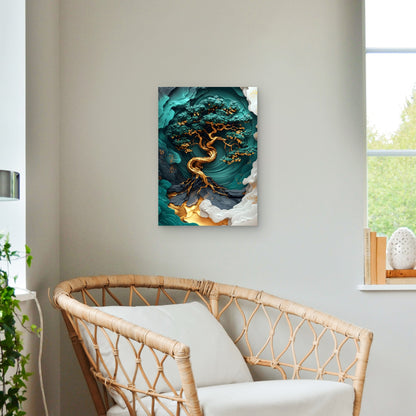 Gold Emerald Twisted Bonsai 60x90cm Metal Print Ready to Hang - Bella Home Decor