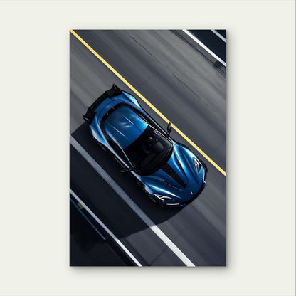 Modern Blue Sports Car Driving Highway 40x60cm Metal Print Ready to Hang