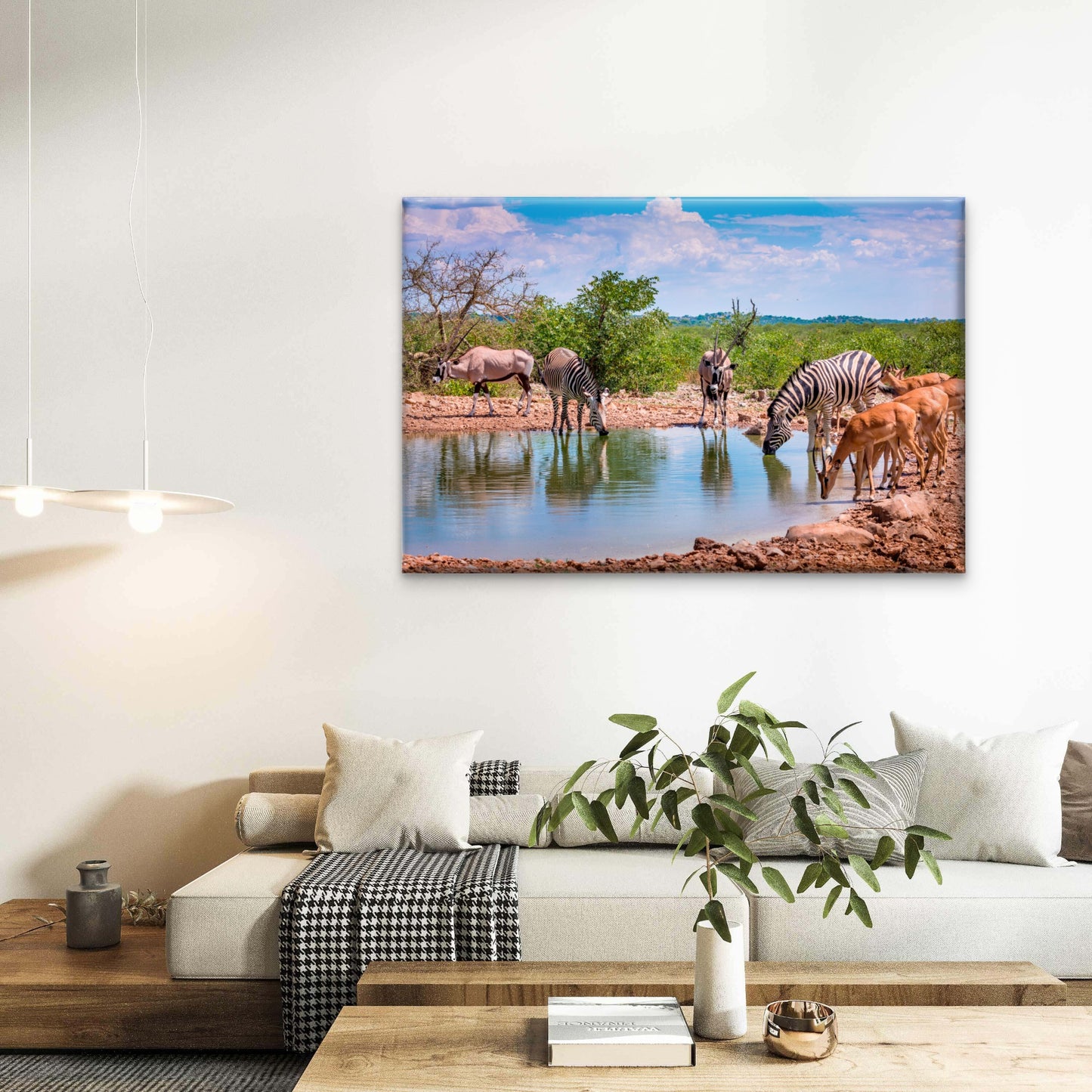 Zebras and Antelope at African Waterhole Wall Art Decor 100% Australian Made