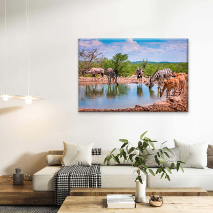 Zebras and Antelope at African Waterhole Wall Art Decor 100% Australian Made