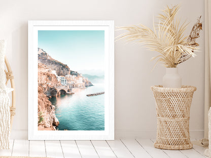 Italy Old City near Sea Blue Sky Photograph Glass Framed Wall Art, Ready to Hang Quality Print With White Border White