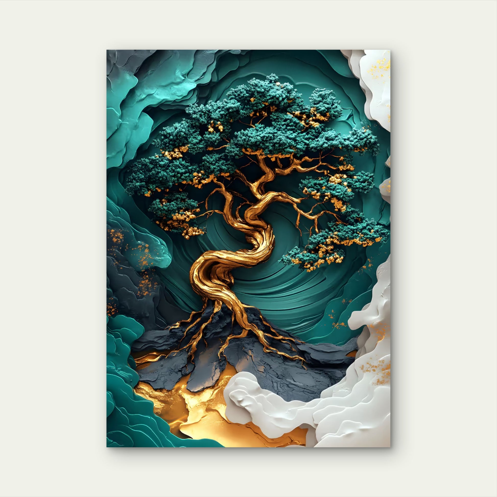 Gold Emerald Twisted Bonsai 40x60cm Metal Print Ready to Hang - Bella Home Decor