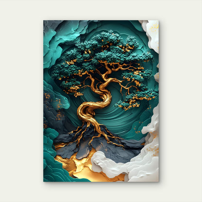 Gold Emerald Twisted Bonsai 40x60cm Metal Print Ready to Hang - Bella Home Decor
