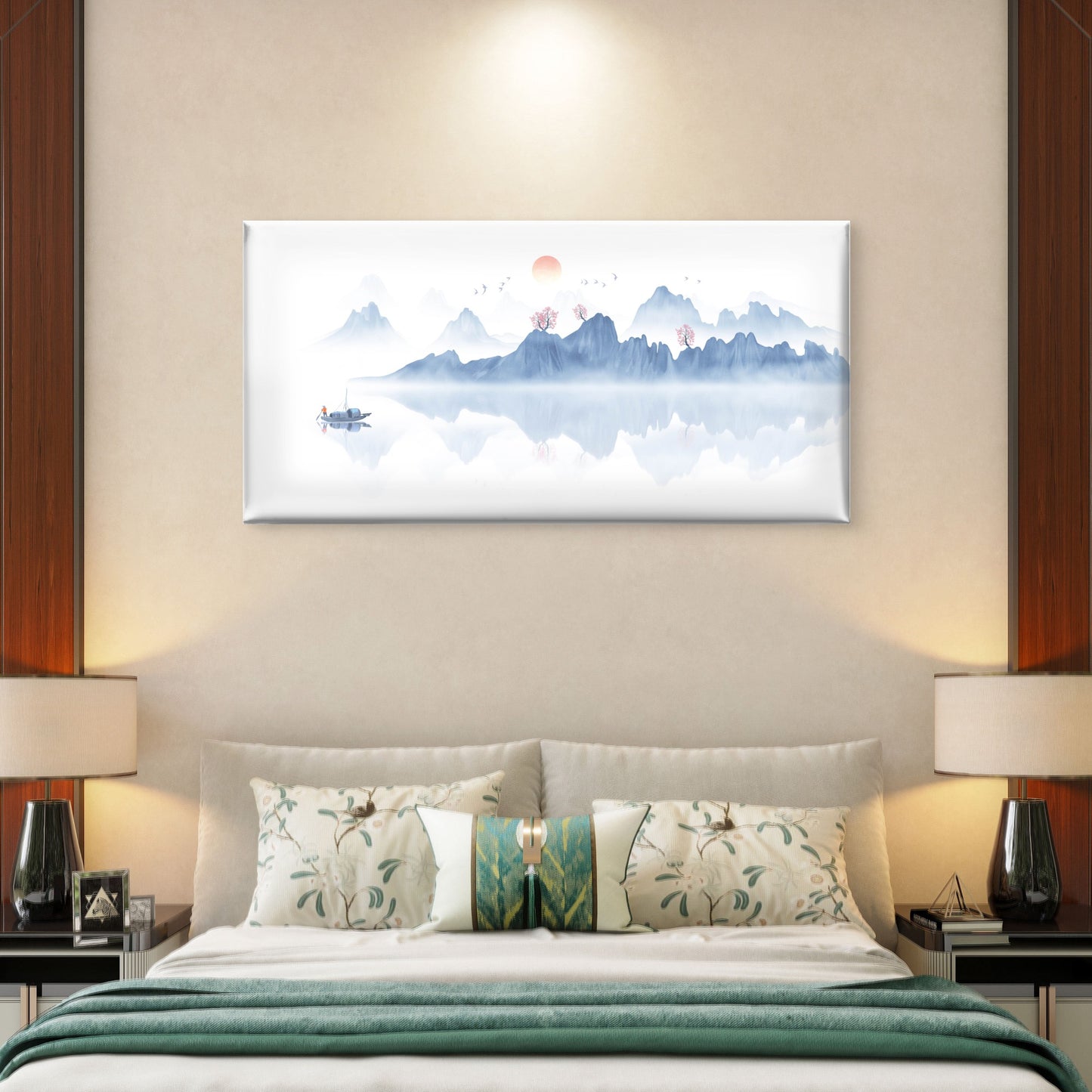 Zen Blue Mountain Lake Silhouette Wall Art Canvas Office Home Room Framed 120x60cm - Bella Home Decor