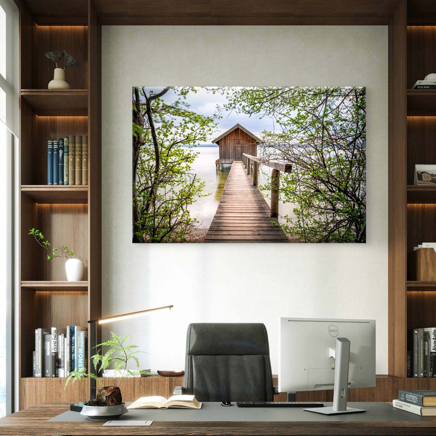 Ammersee Lake Boathouse Pier with Tree Branches Wall Art Decor 100% Australian Made - Bella Home Decor