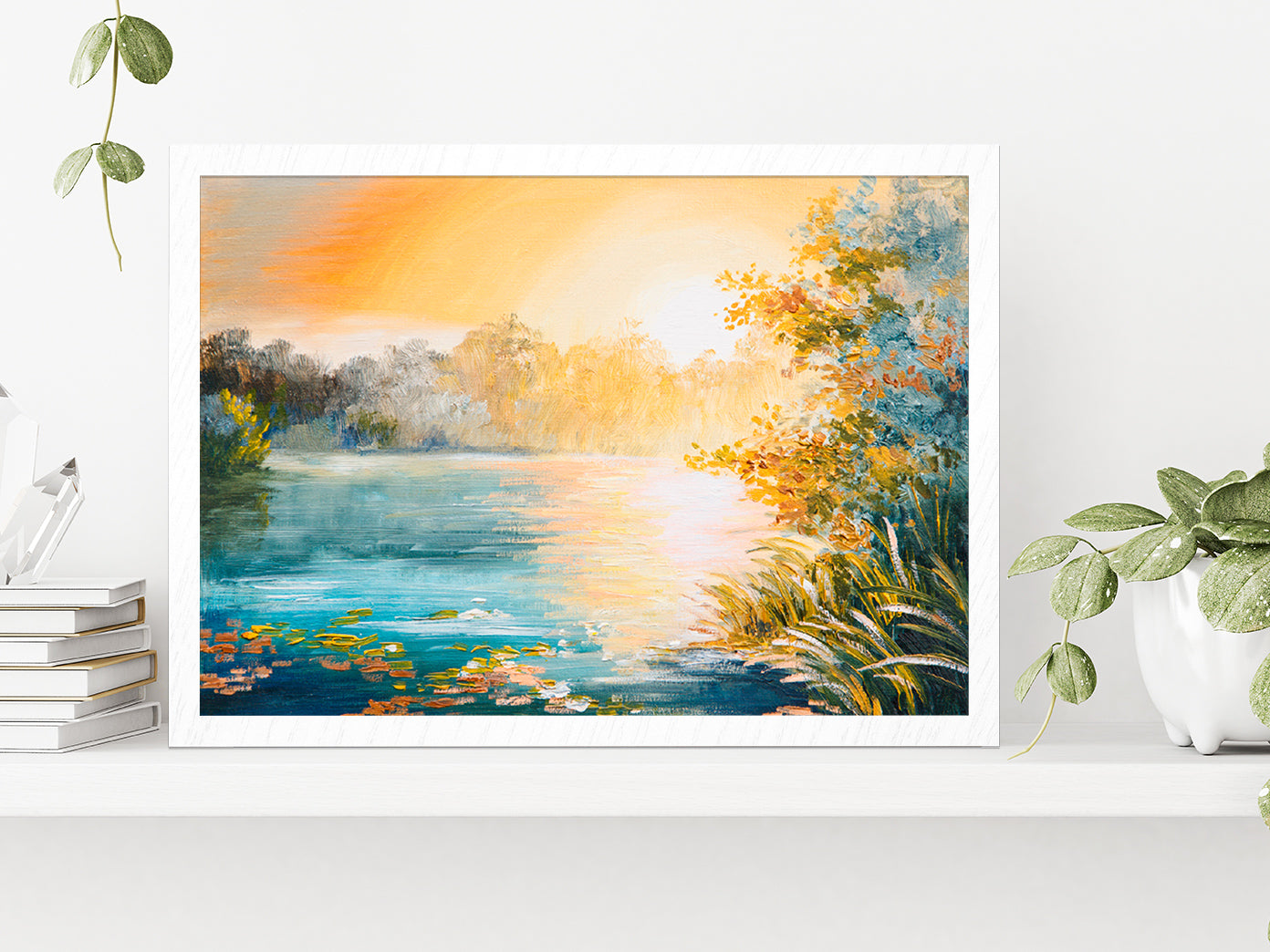 Sunset On The Lake Painting Glass Framed Wall Art, Ready to Hang Quality Print Without White Border White