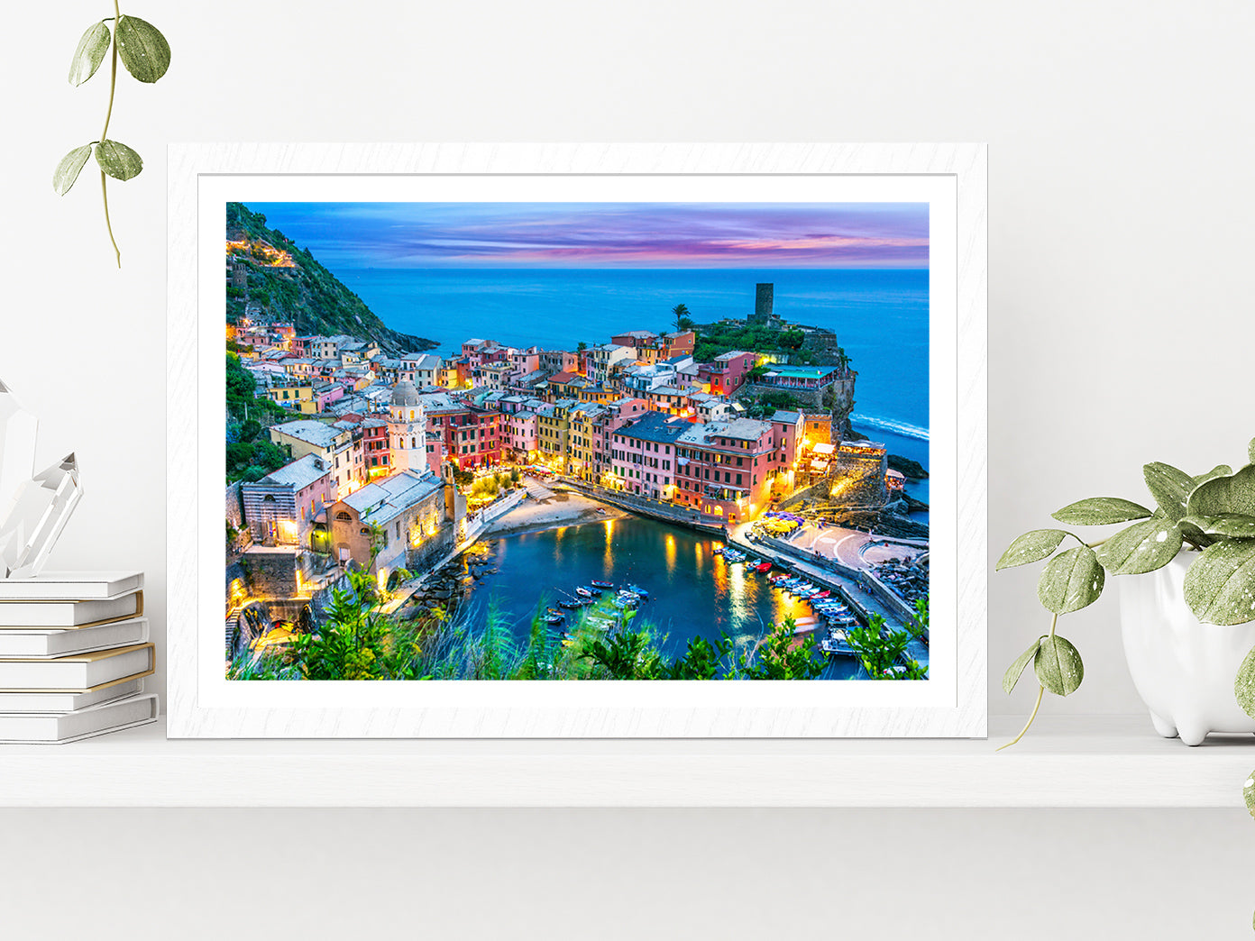 Picturesque Town Of Vernazza Glass Framed Wall Art, Ready to Hang Quality Print With White Border White