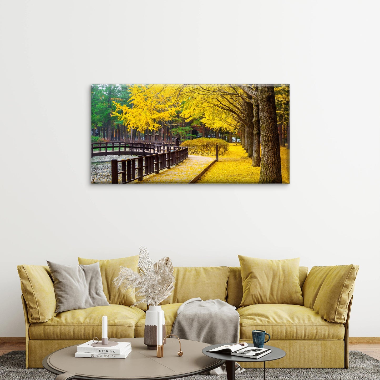 Autumn With Ginkgo Tree Nami Island Korea Wall Art Canvas Office Home Room Framed 120x60cm