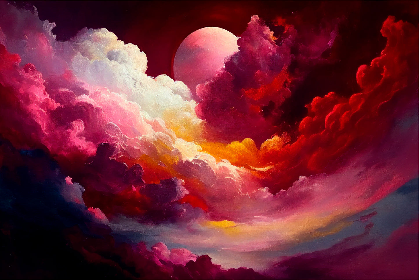 Red Mixed Colorful Cloudy Sky With Moon Glass Framed Wall Art, Ready to Hang Quality Print