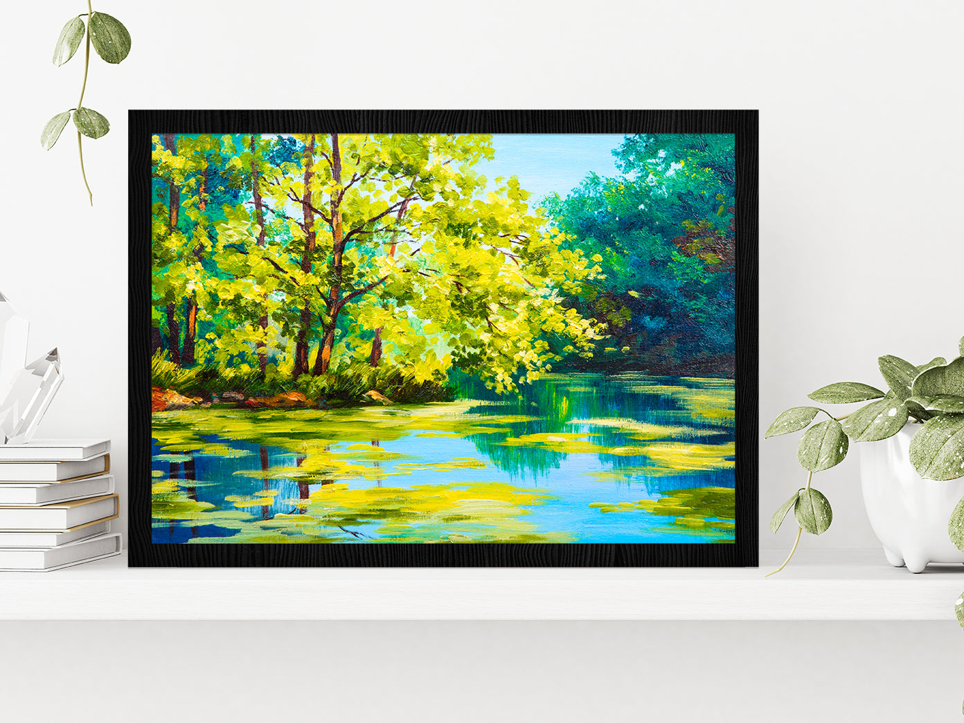 Lake In The Forest Oil Painting Glass Framed Wall Art, Ready to Hang Quality Print Without White Border Black