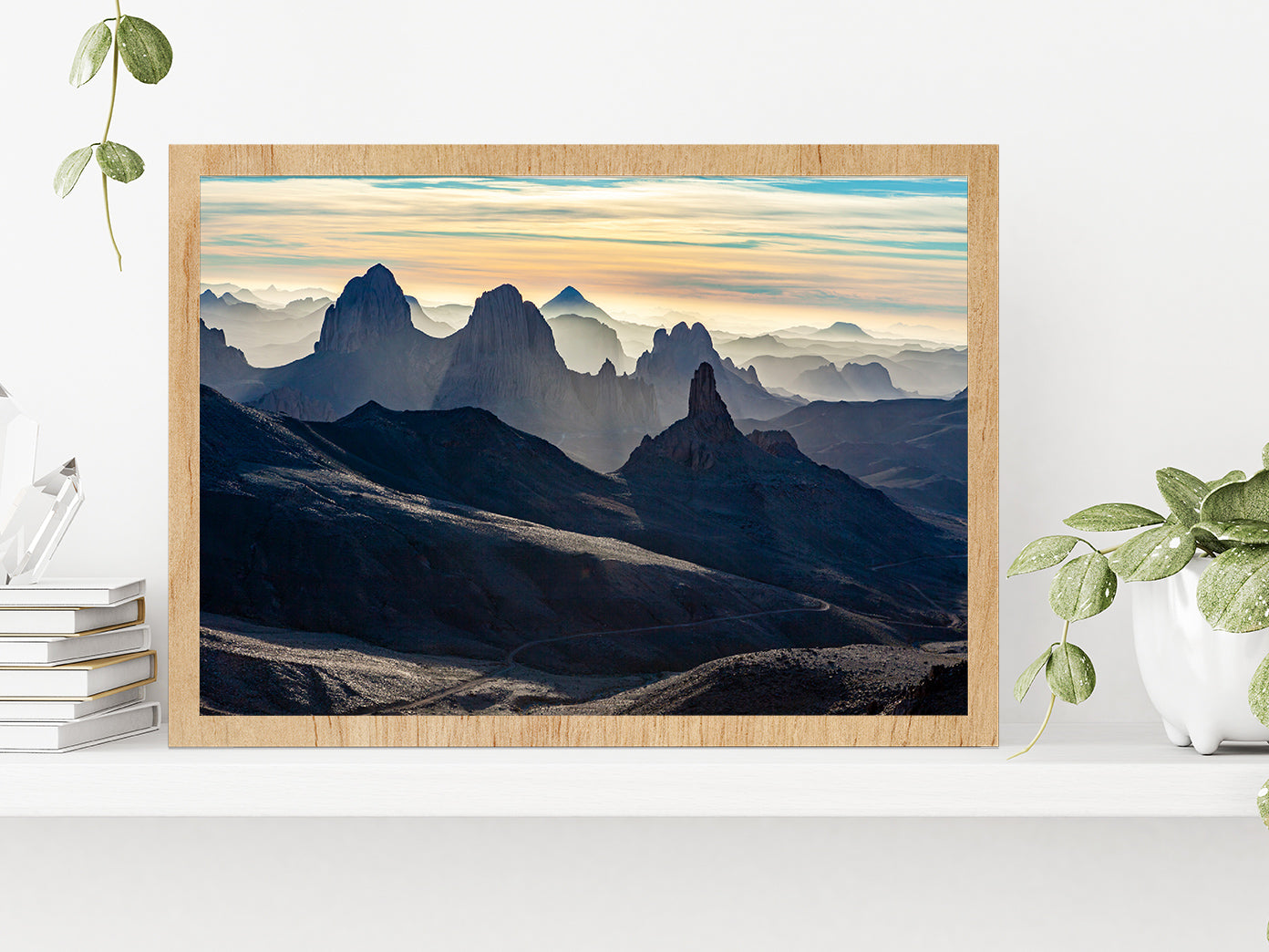 Ahaggar Mountains View At Sunrise Glass Framed Wall Art, Ready to Hang Quality Print Without White Border Oak