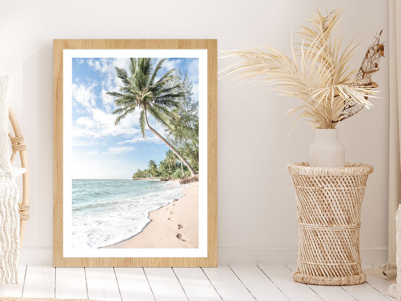 Palm Tree & Sandy Beach View Photograph Glass Framed Wall Art, Ready to Hang Quality Print With White Border Oak