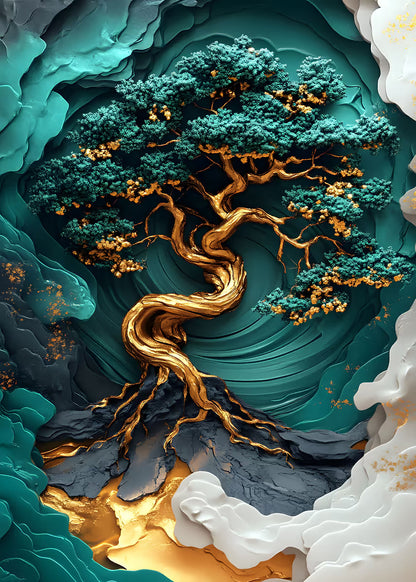 Gold Emerald Twisted Bonsai 60x90cm Metal Print Ready to Hang - Bella Home Decor